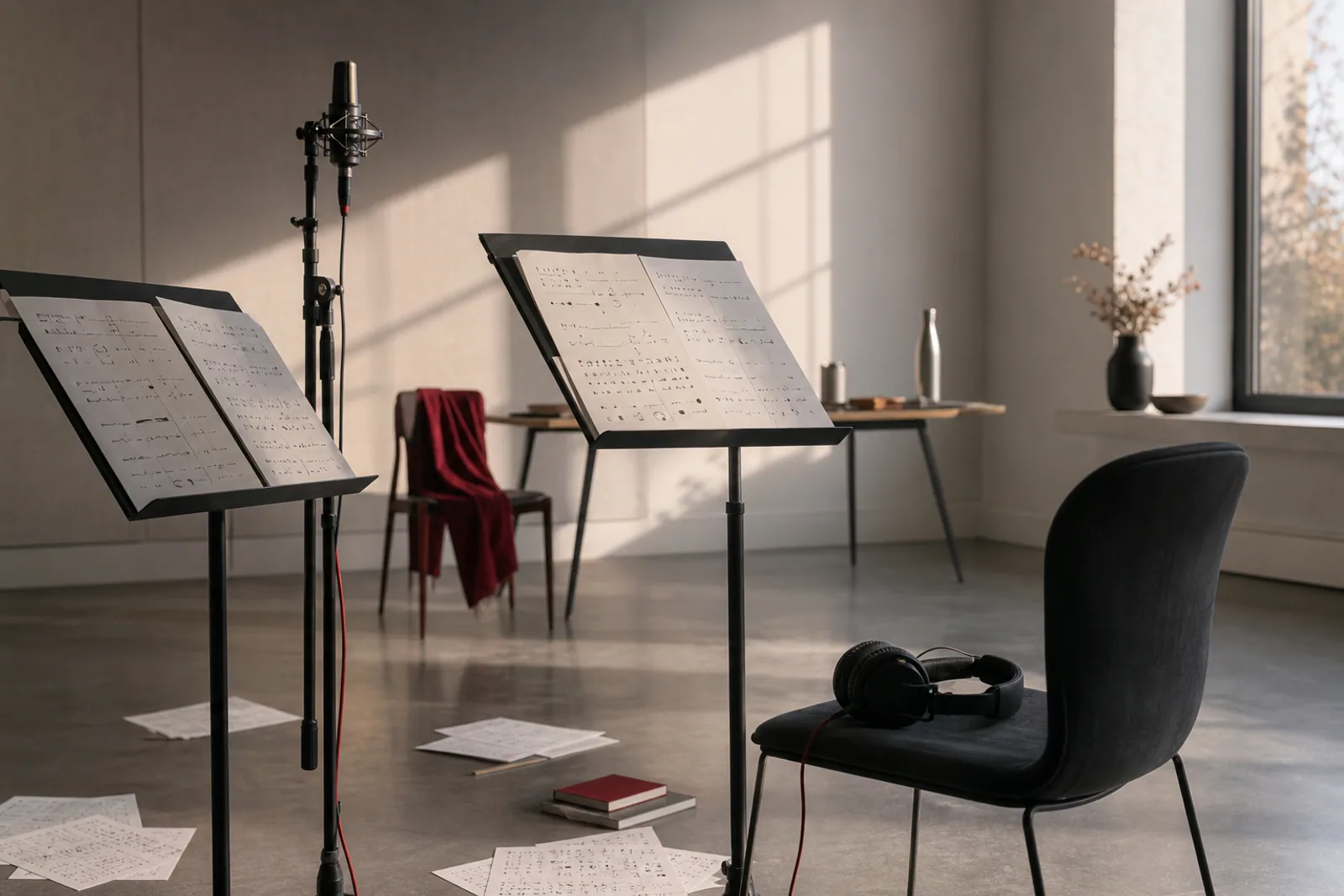 Espacio contemporáneo de ensayo con atriles, micrófono y materiales musicales provisionales