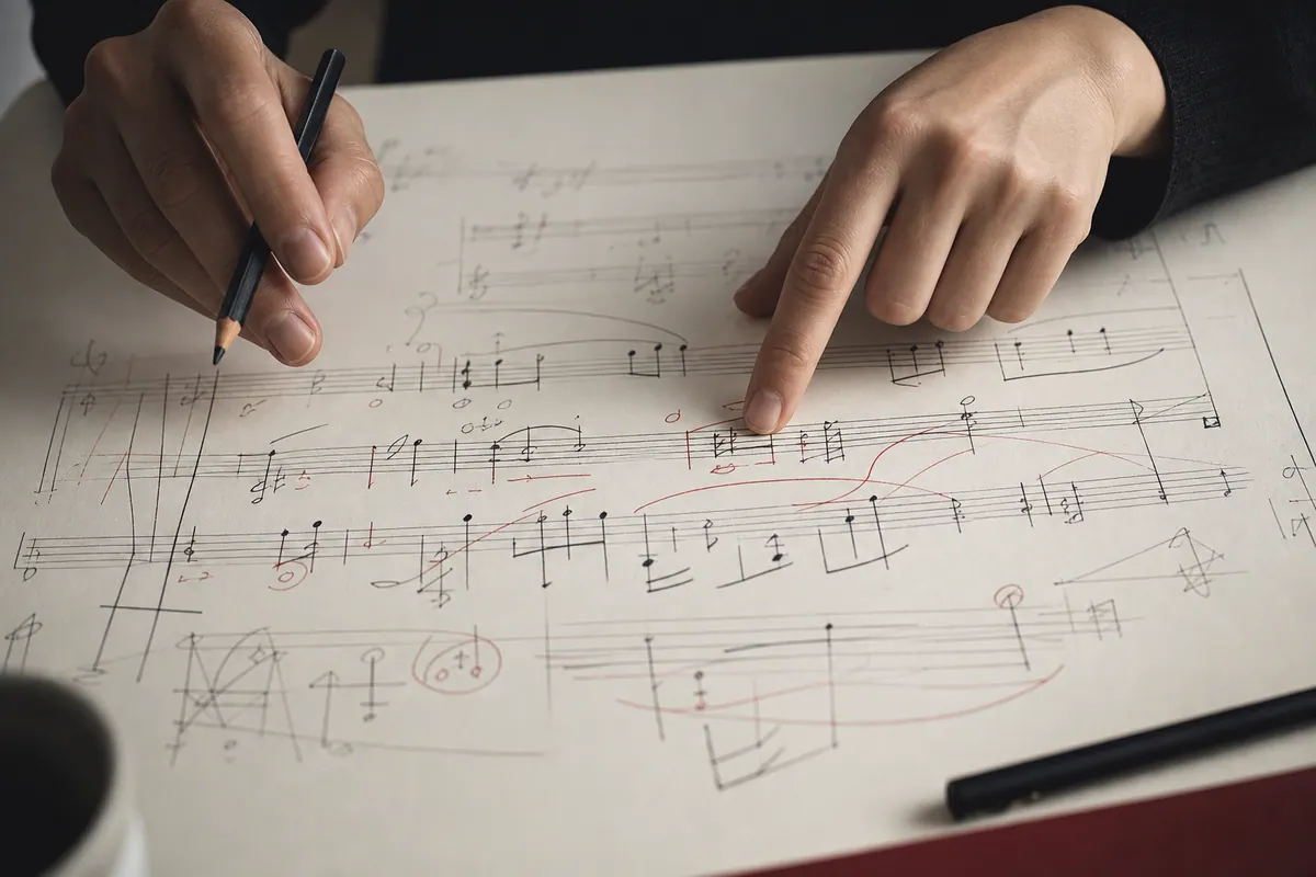Manos trabajando sobre una página de notación musical inventada