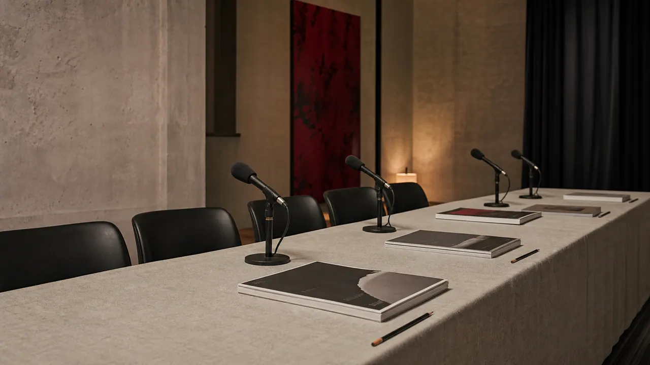 Mesa escenificada para un conversatorio editorial