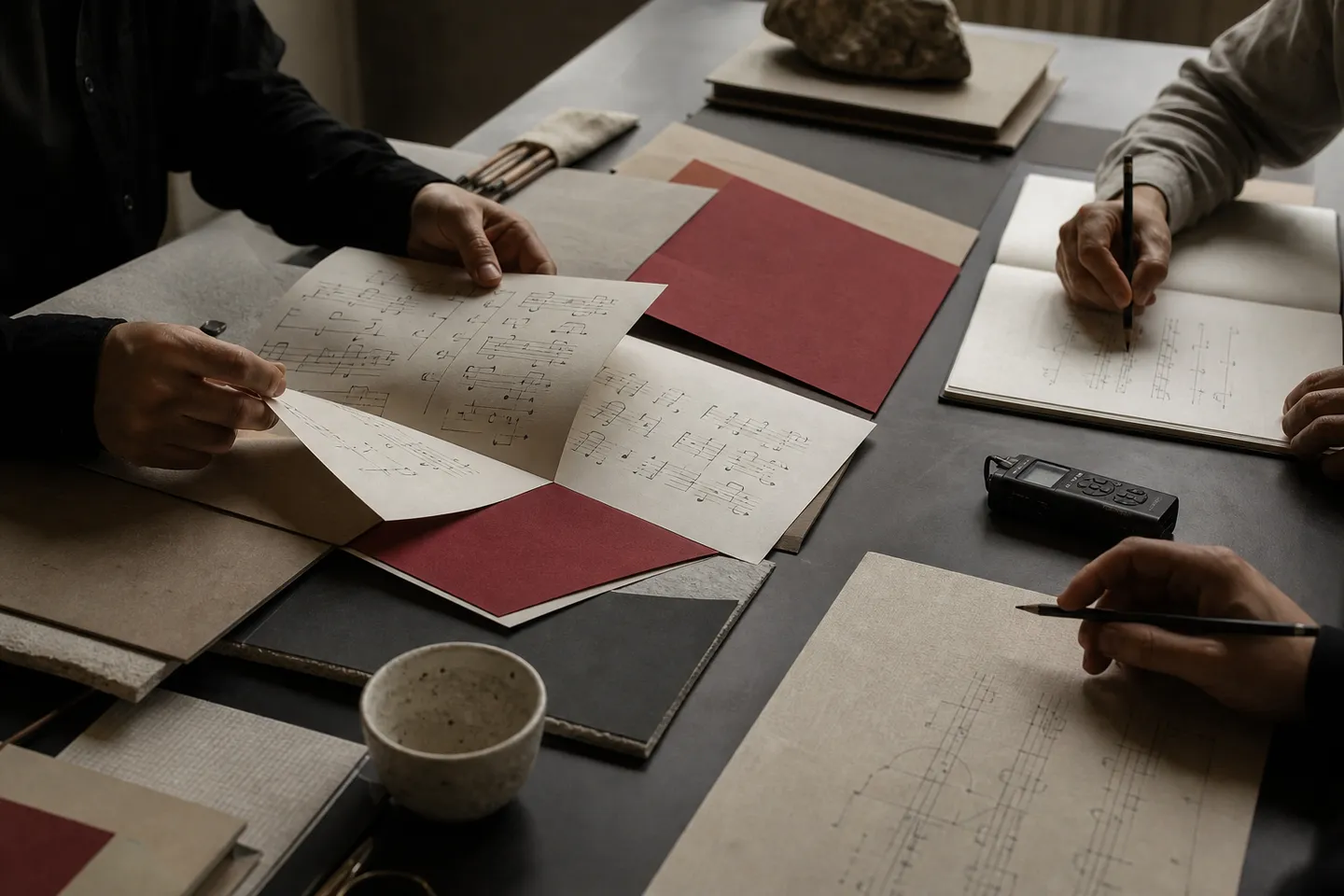 Varias personas colaborando alrededor de materiales editoriales y notación musical inventada