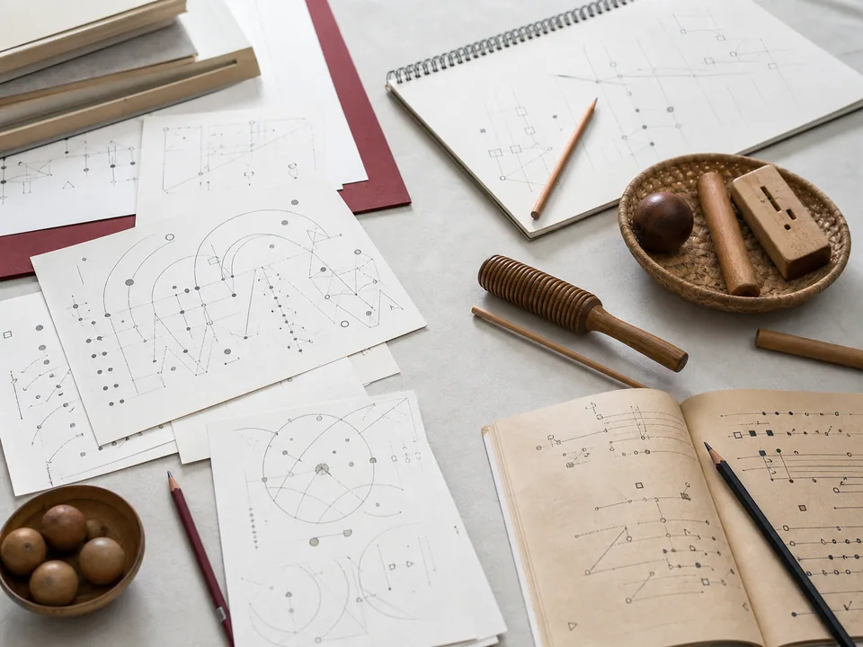 Materiales educativos provisionales y objetos musicales dispuestos para una sesión de estudio