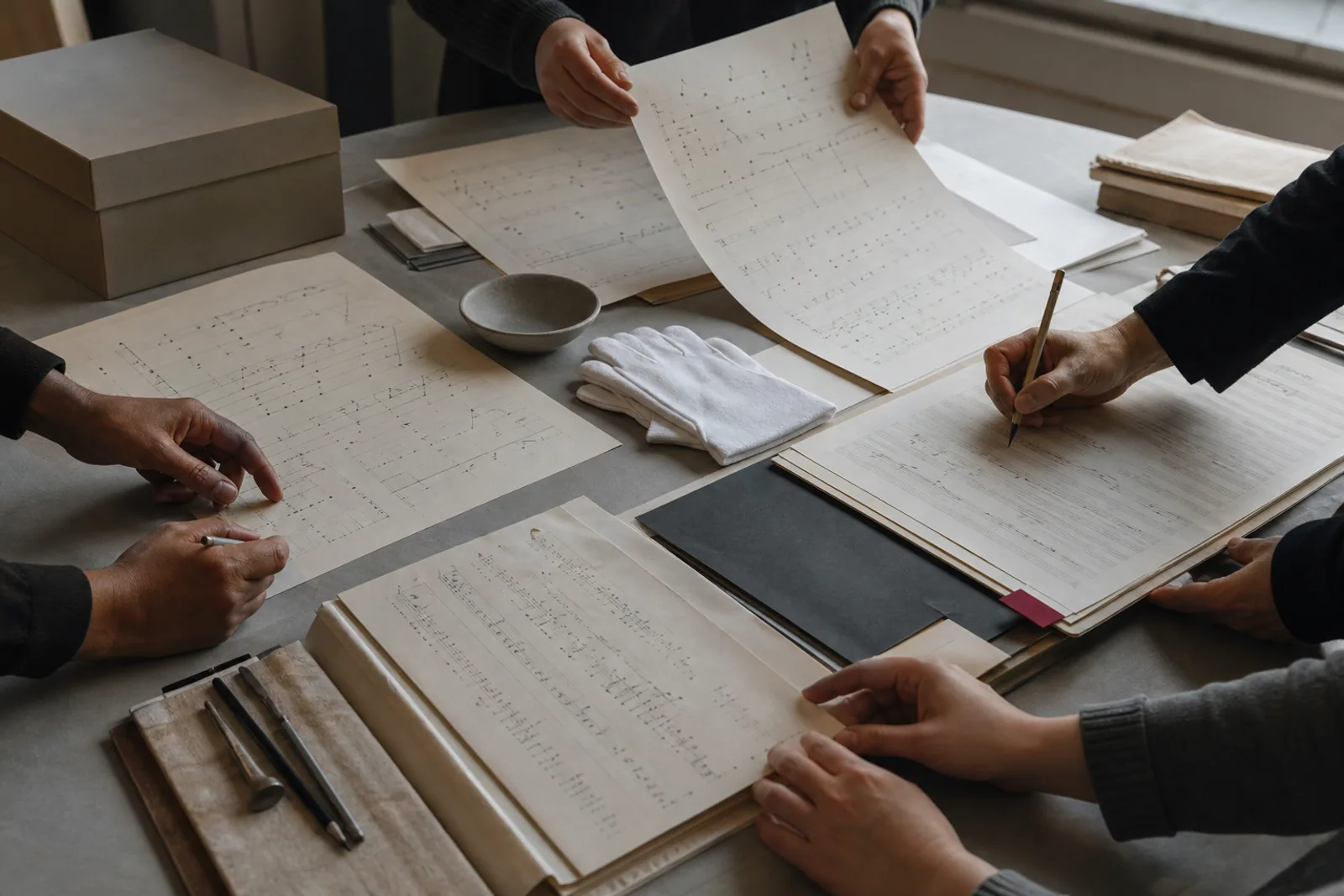 Personas colaborando alrededor de una mesa con materiales editoriales y notación musical inventada